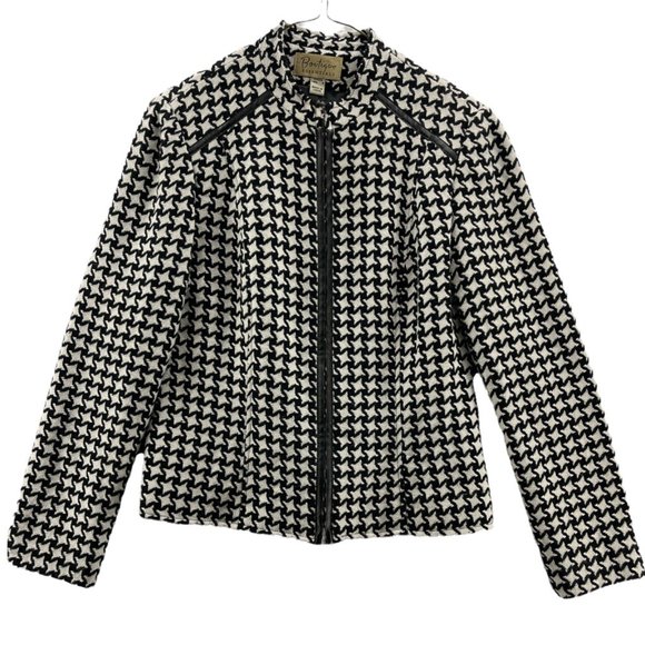 Boutique Essentials Womens Jacket Coat White Black Houndstooth Zip Wool Blend 4 - Picture 1 of 8